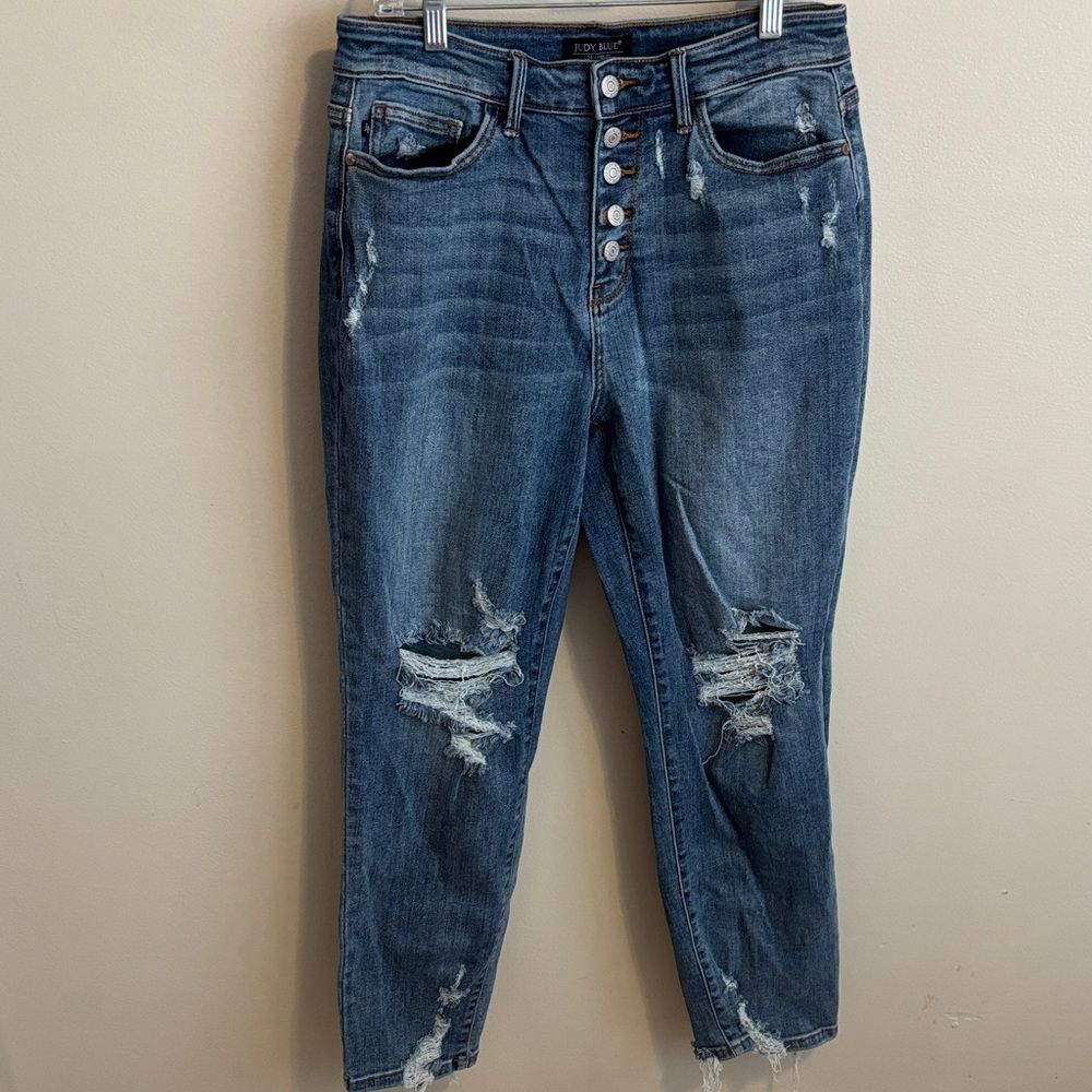 Judy Blue High Rise Distressed Button Fly Boyfriend Jeans 9/29 Medium Wash Rip